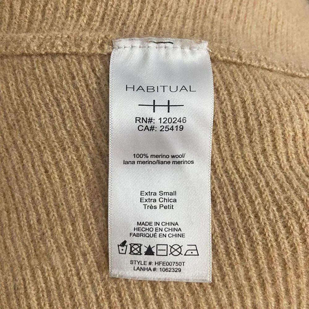 Habitual Women's Turtleneck Sweater Size XS Tan Merino Wool Long Dolman Sleeves